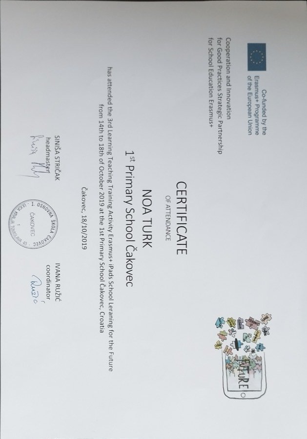 Erasmus+ certificate of attendance — iPads School Learning for the Future