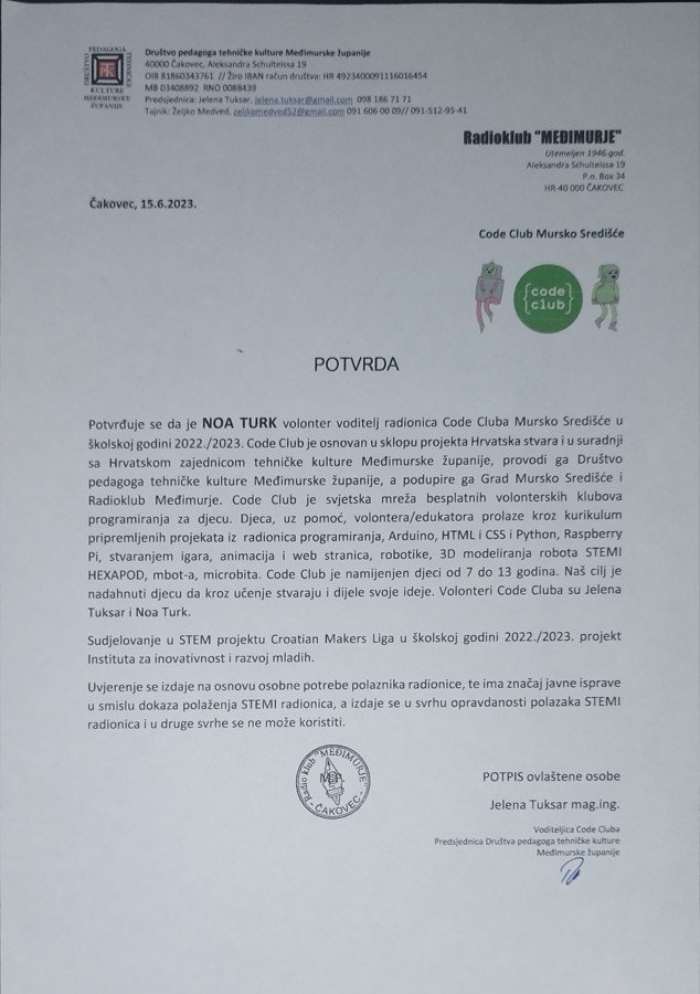 Certificate — volunteer leader of the Code Club Mursko Središće workshops