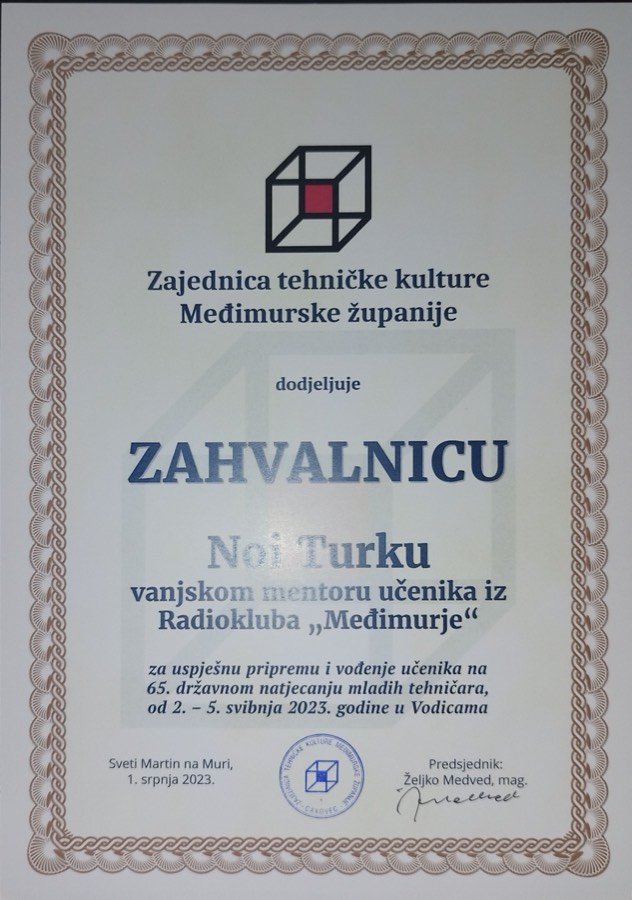 Certificate of appreciation — external mentor at the 65th national young technicians competition